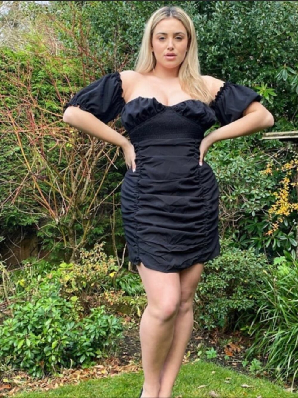 NWT In The Style Curve Black Ruched Puff Sleeve Bardot Mini Dress 20